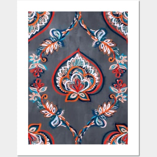 Floral Ogees in Red & Blue on Grey Posters and Art